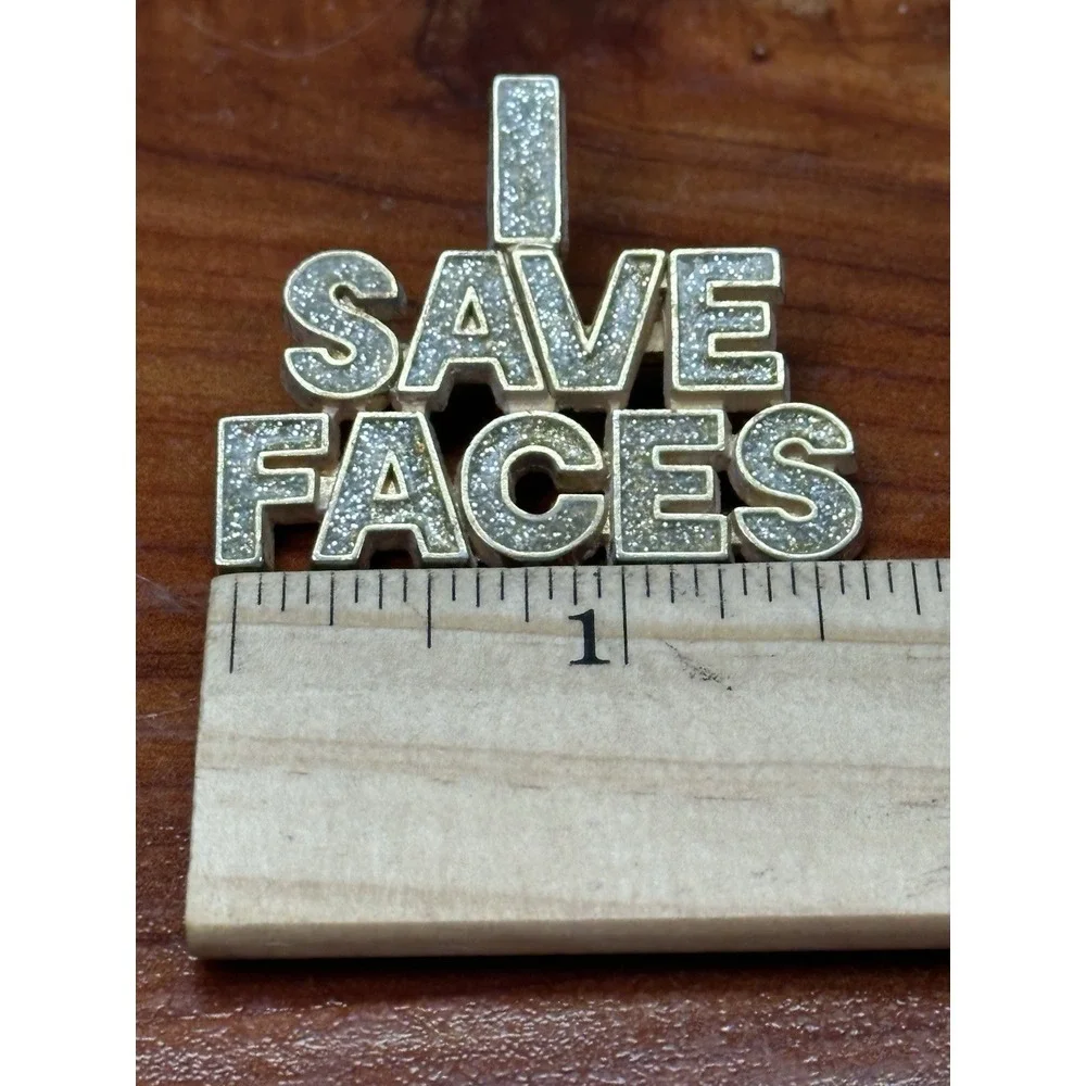 I Save‎ Faces Pin Brooch Gold Tone Jeweled Sparkly Vintage